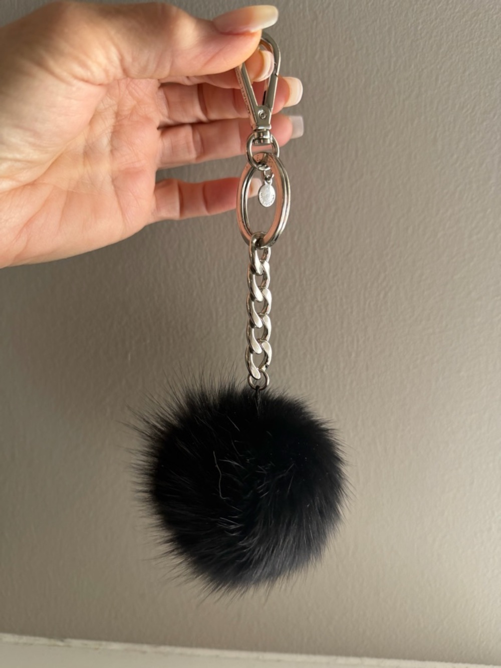 Michael Kors Black Genuine Fur Pom Pom Keychain with Silver Hardware. NWOT